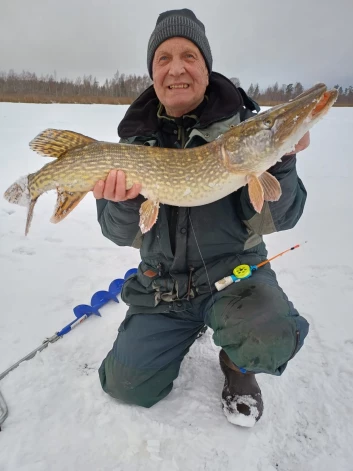 Dāvids Ķiģelis šo līdaku pagājušajā ziemā izmānīja no āliņģa ar mazo bļitkiņu. Foto: no privātā arhīva