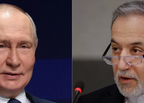 Irānas ārlietu ministrs Abass Aragči un  Krievijas diktators Vladimirs Putins.