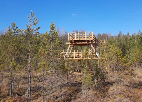 Jaunā divstāvīga koka skatu platforma Oleru purvā.