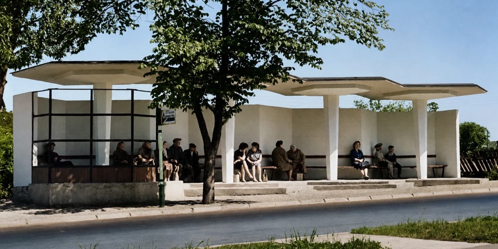 Auto paviljons (autobusu pietura) Baložos Vidzemes šosejā (iepretim Etnogrāfiskajam brīvdabas muzejam; celts pagājušā gadsimta sešdesmitajos gados).