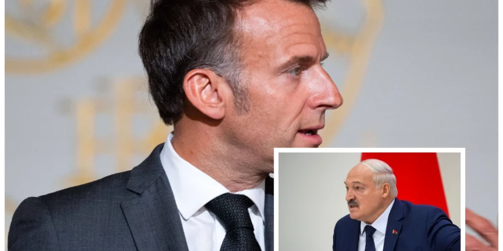 Francijas prezidents Emanuels Makrons un Baltkrievijas diktators Aleksandrs Lukašenko (foto: Scanpix / SIPA / AP; kolāža: jauns.lv)