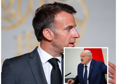 Francijas prezidents Emanuels Makrons un Baltkrievijas diktators Aleksandrs Lukašenko (foto: Scanpix / SIPA / AP; kolāža: jauns.lv)