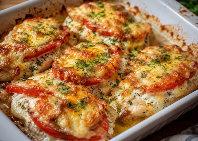 Курица "под шубой" в духовке: мягкое мясо, помидоры и аппетитный сыр сверху