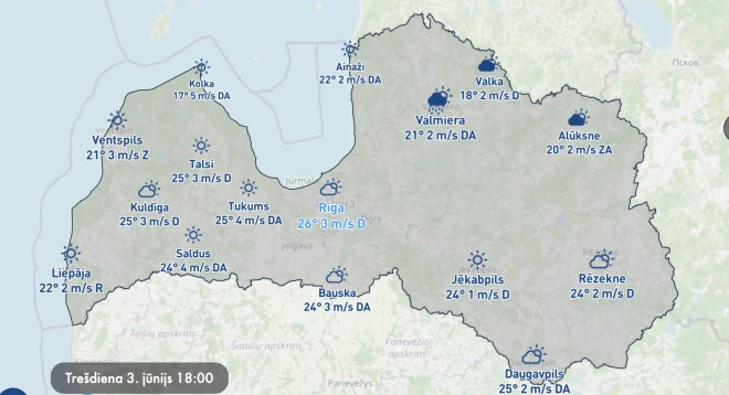 Laikapstākļi Latvijā 3. jūnijā.