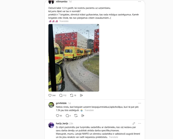 Neatliekamās medicīniskās palīdzības dienesta (NMPD) brigāžu sastrēgums pie Stradiņa slimnīcas (ekrānuzņēmums no "Threads")