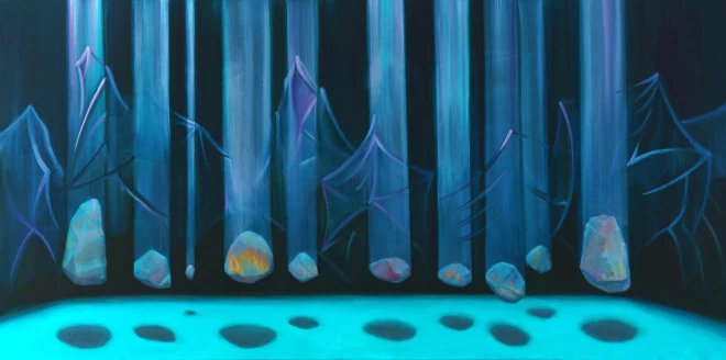 Miķelis Fišers, “Skumju pļava”, 2025. Audekls, eļļa, 98 × 196 cm.